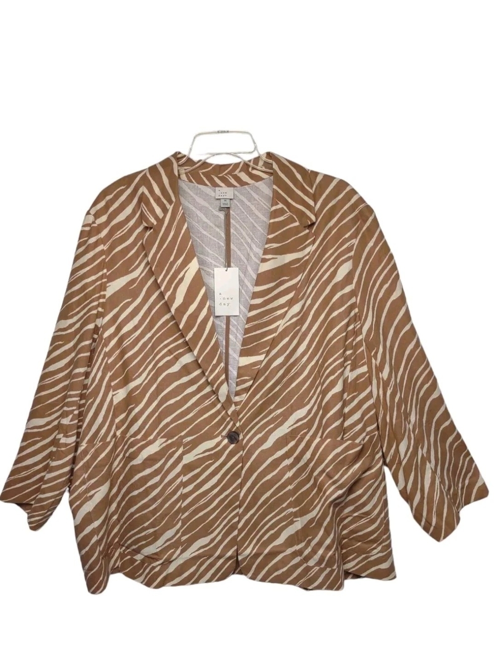 A New Day Light Brown and Cream Zebra Print Blazer Linen Blend Single Button